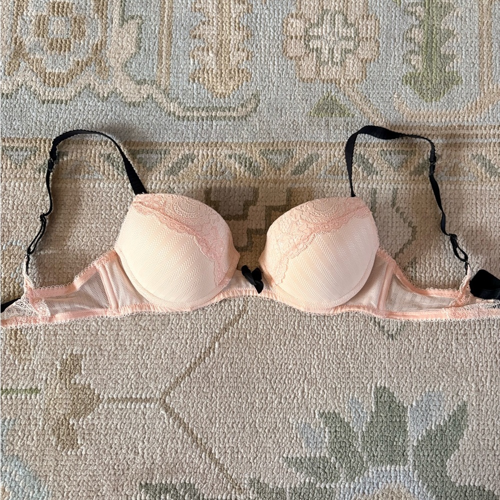Blush Obsession Lace Trimmed Push Up Bra in Soft Pink with Black Accents